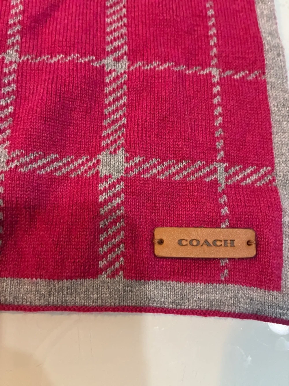 Coach Red and Gray Windowpane Wool Scarf - Picture 2 of 12